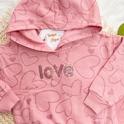 Conj. Casaco de Moletom Love com Capuz e Calça Legging Flare - Rose